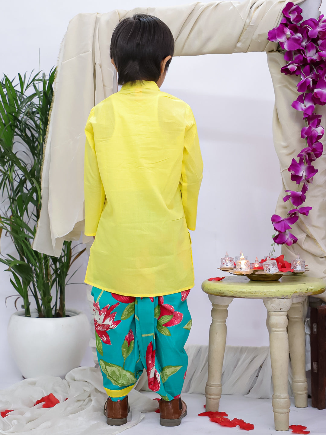 Kid One Cotton Floral Embroidered Kurta With Dhoti Set For Boys Yellow