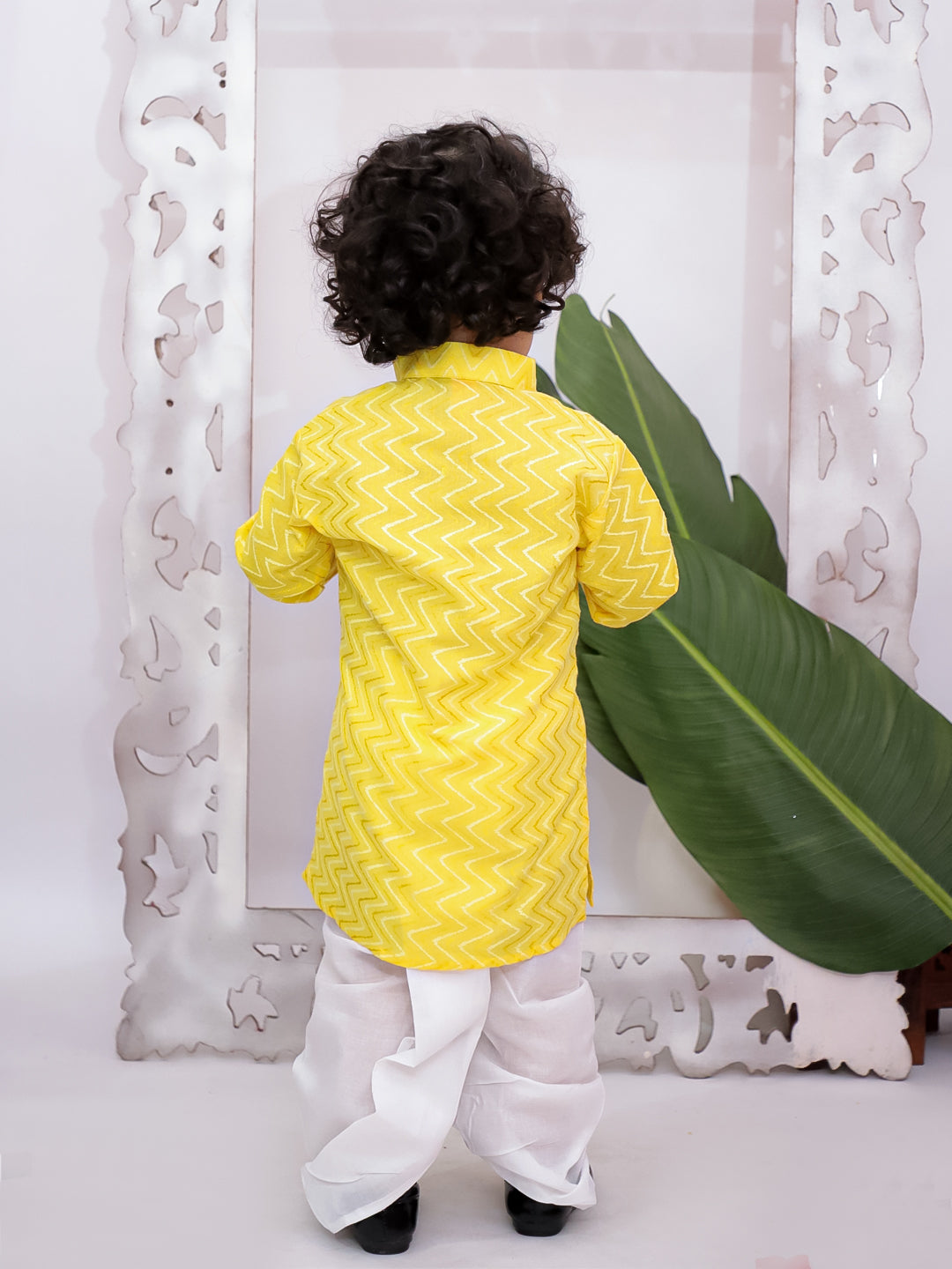Kid One Full Sleeves Zig Zag Embroidered Cotton Kurta Dhoti Set For Boys Yellow
