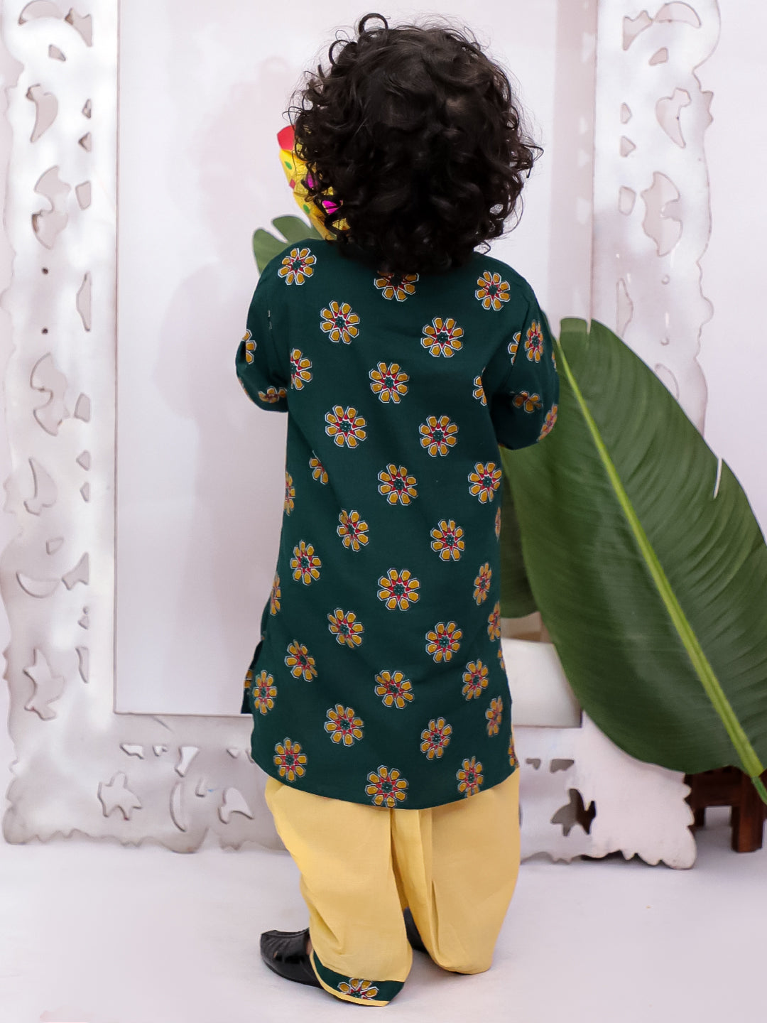 Kid One Full Sleeves Mirror Work Cotton Embroidered Kurta With Dhoti For Boys Green