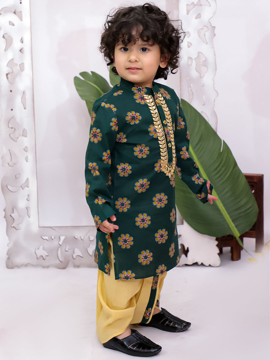Kid One Full Sleeves Mirror Work Cotton Embroidered Kurta With Dhoti For Boys Green