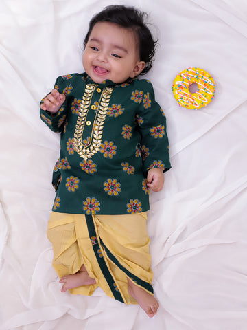 Kid One Infant Mirror Work Cotton Embroidered Kurta With Dhoti For Boys Green