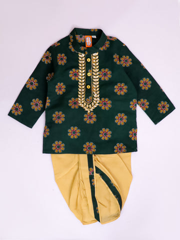 Kid One Infant Mirror Work Cotton Embroidered Kurta With Dhoti For Boys Green