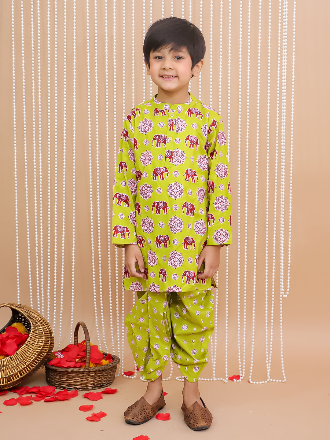 Kid One Elephant Print Kurta Dhoti Set For Boys Green