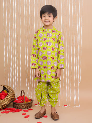 Kid One Elephant Print Kurta Dhoti Set For Boys Green
