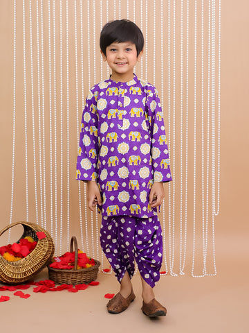 Kid One Elephant Print Kurta Dhoti Set For Boys Purple