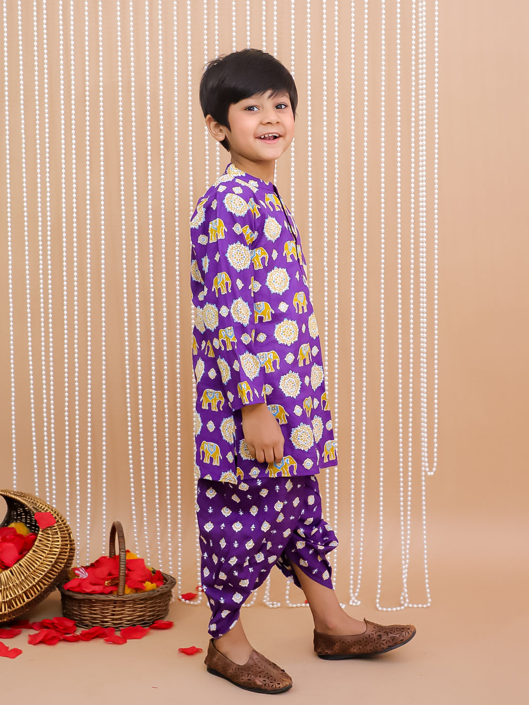 Kid One Elephant Print Kurta Dhoti Set For Boys Purple