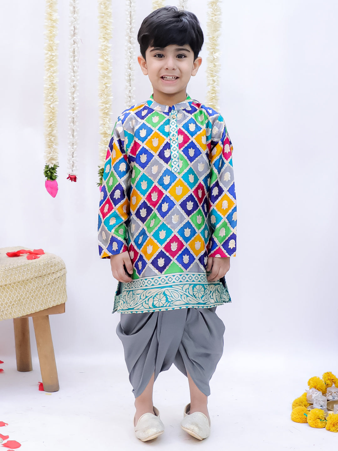 Kid One Sitara Printed Kurta Dhoti Set For Boys Grey