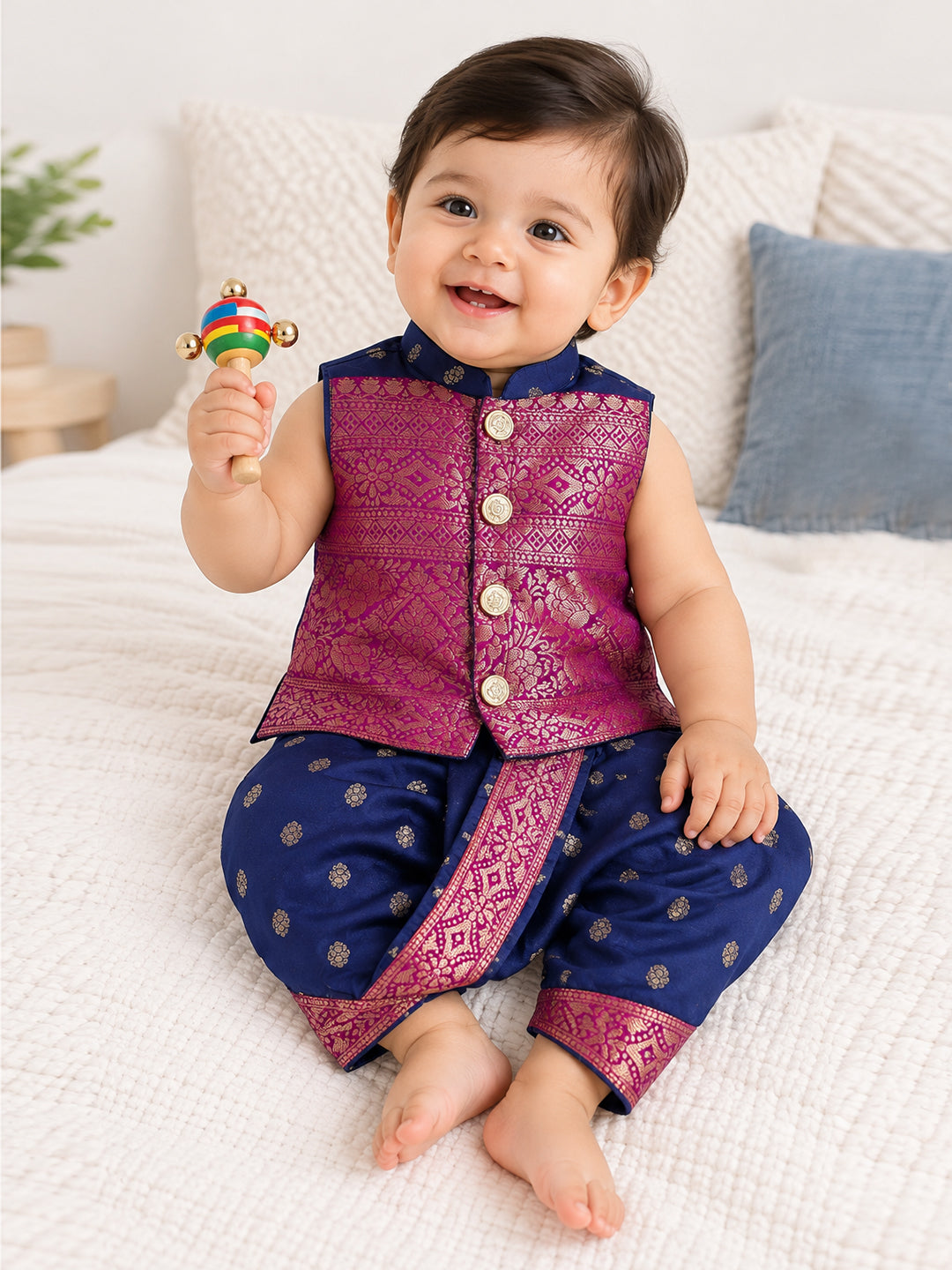 Kid One Jacquard Jacket Dhoti Set For Boys Navy
