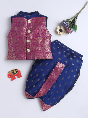 Kid One Jacquard Jacket Dhoti Set For Boys Navy