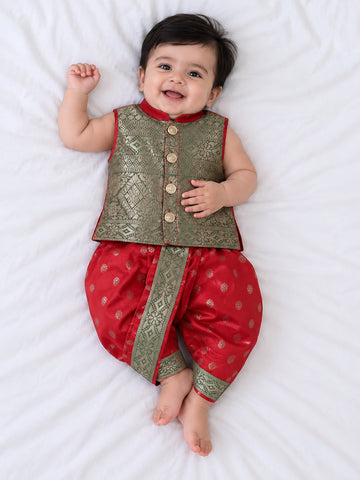 Kid One Jacquard Jacket Dhoti Set For Boys Red