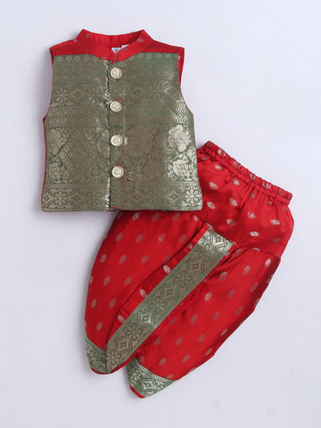 Kid One Jacquard Jacket Dhoti Set For Boys Red