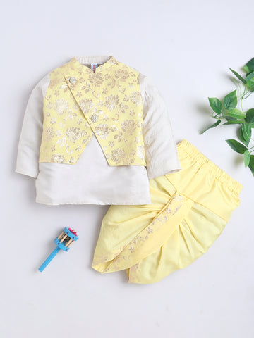 Kid One Infants Jacquard Kurta Dhoti With Attached Jacket Set For Boys Yellow
