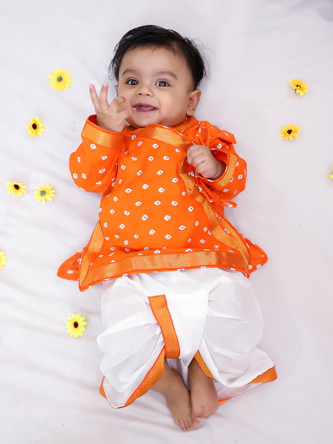 Kid One Pure Cotton Anghrakha Kurta Dhoti Sets For Boys Orange
