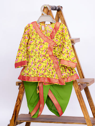 Kid One Pure Cotton Anghrakha Kurta Dhoti Sets For Boys Yellow