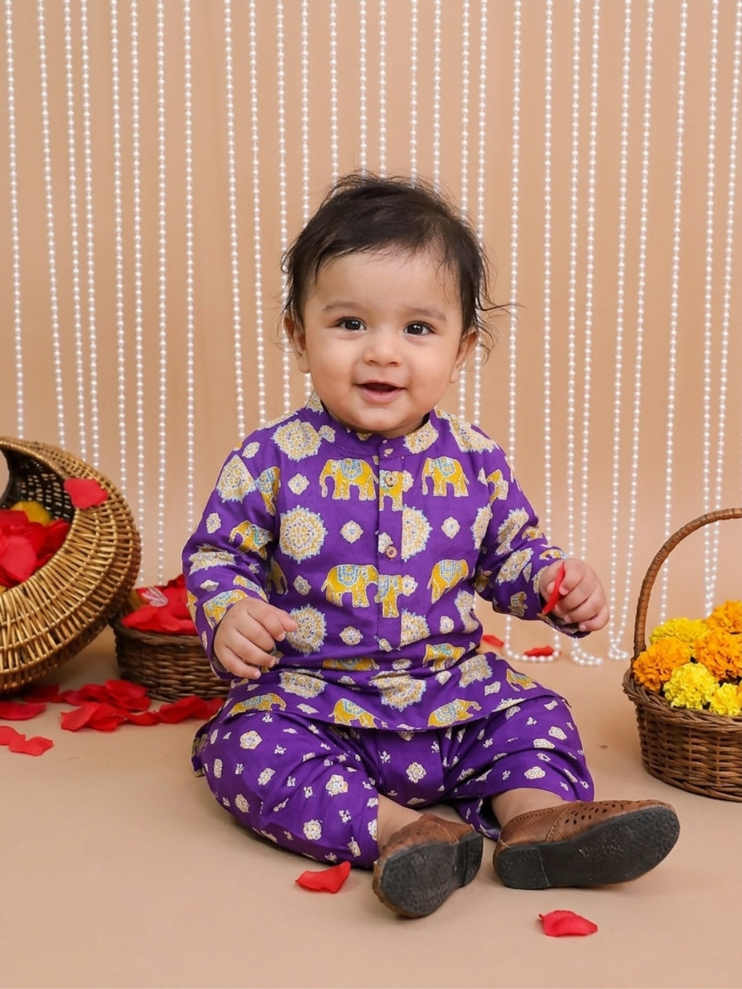 Kid One Infants Elephant Print Kurta Dhoti Set For Boys Purple