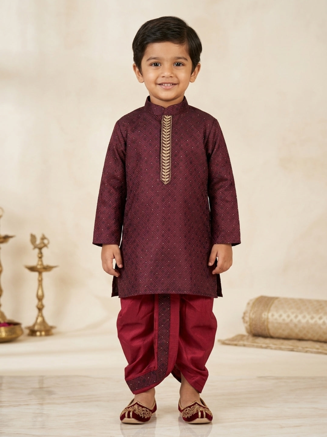 Kid One Festive Embroidered Kurta Dhoti Set For Boys Wine