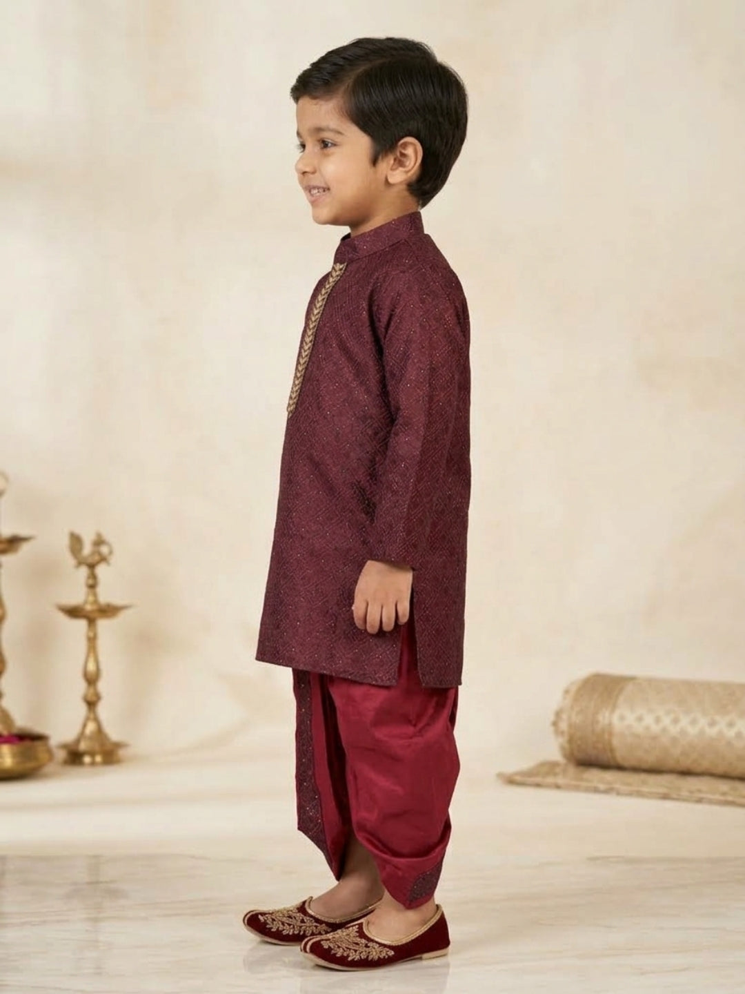 Kid One Festive Embroidered Kurta Dhoti Set For Boys Wine