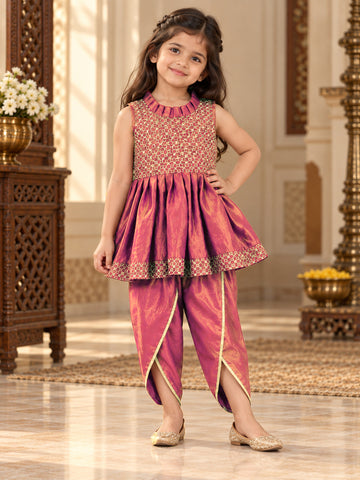 Kid One Anmol Nytara Sleeveless Embroidered Peplum Kurti With Dhoti Set Brown