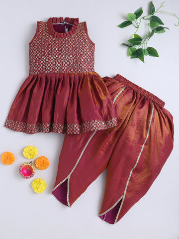 Kid One Anmol Nytara Sleeveless Embroidered Peplum Kurti With Dhoti Set Brown
