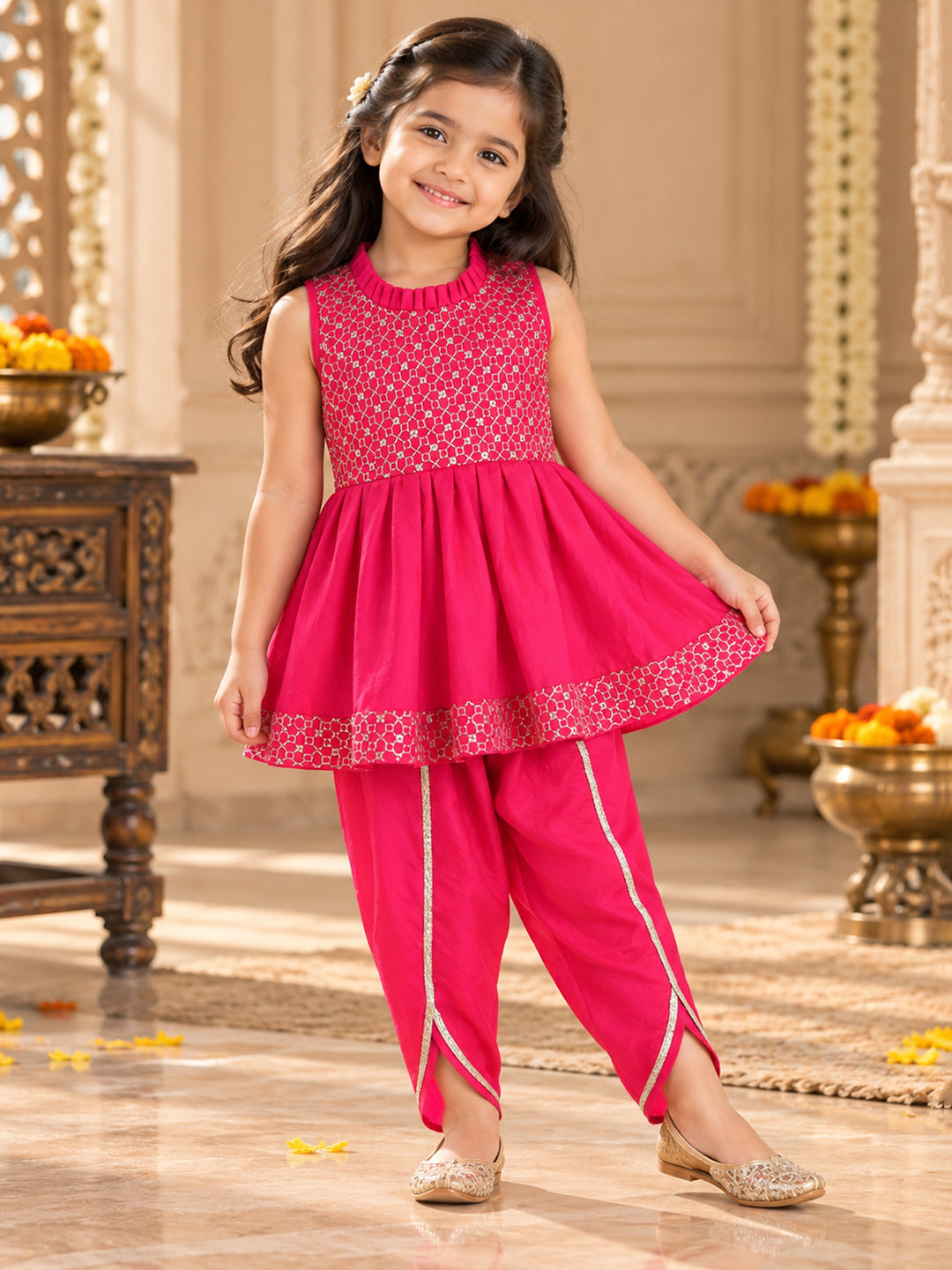 Kid One Anmol Nytara Sleeveless Embroidered Peplum Kurti With Dhoti Set Pink