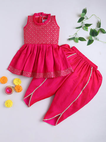 Kid One Anmol Nytara Sleeveless Embroidered Peplum Kurti With Dhoti Set Pink