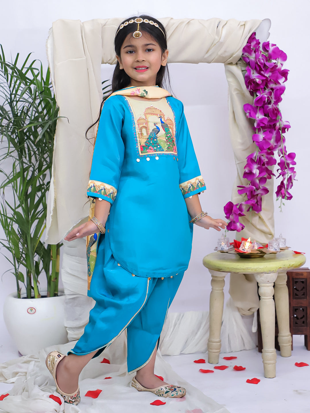 Kid One Royal Silk Peacock Print Kurti Dhoti With Dupatta Set For Girls Blue