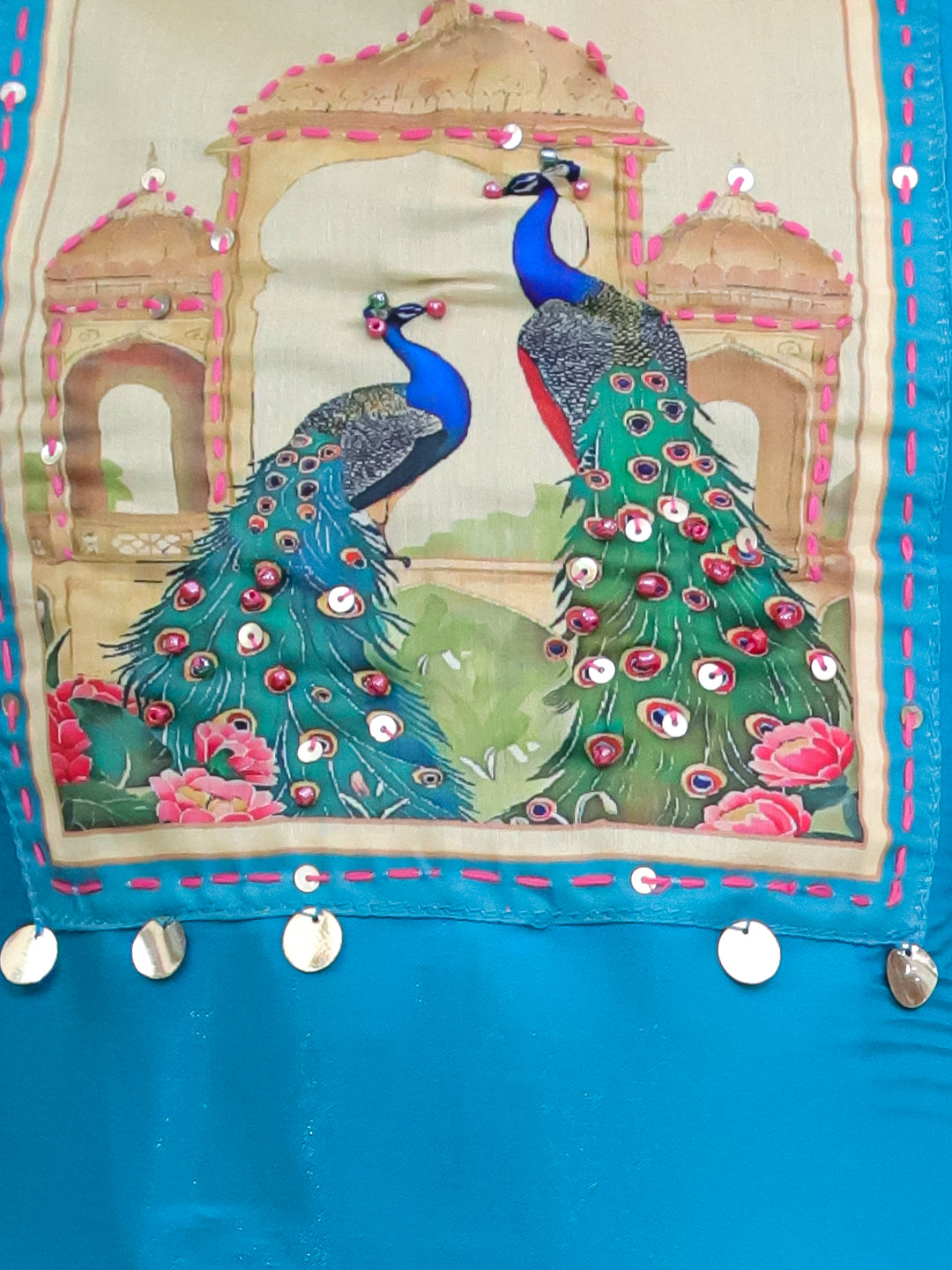 Kid One Royal Silk Peacock Print Kurti Dhoti With Dupatta Set For Girls Blue