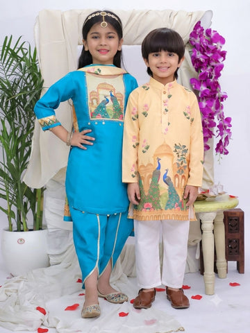 Kid One Peacock Printed Kurti Dhoti & Dupatta Set With Printed Kurta & Pyjama Set - Blue & Yellow