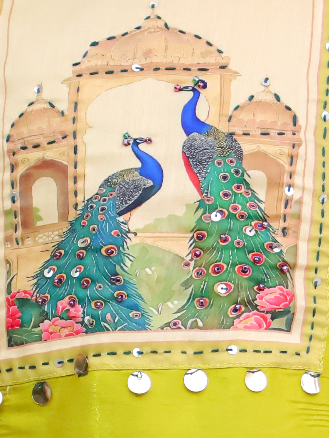 Kid One Royal Silk Peacock Print Kurti Dhoti With Dupatta Set For Girls Green
