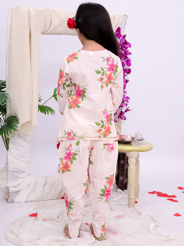 Kid One Gulbahar Cotton Floral Print Kurti Dhoti Set For Girls Peach