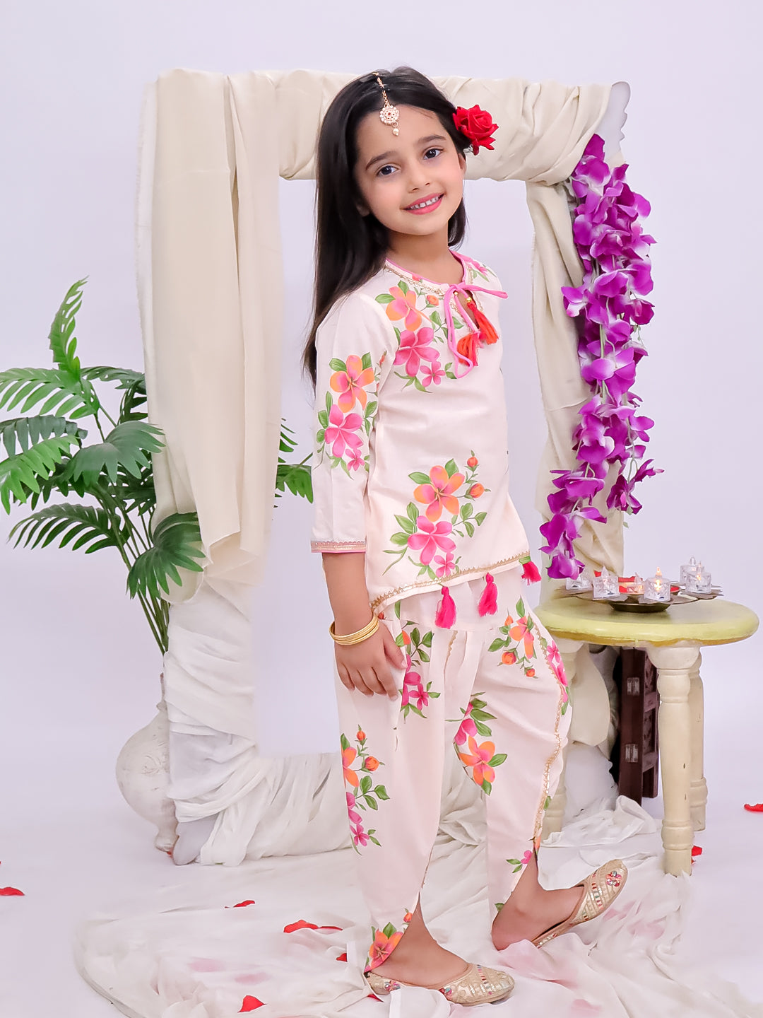 Kid One Gulbahar Cotton Floral Print Kurti Dhoti Set For Girls Peach