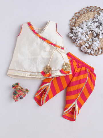 Kid One Angarakha Kurti With Leheriya Dhoti Set For Girls Offwhite