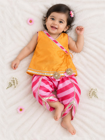 Kid One Angarakha Kurti With Leheriya Dhoti Set For Girls Yellow