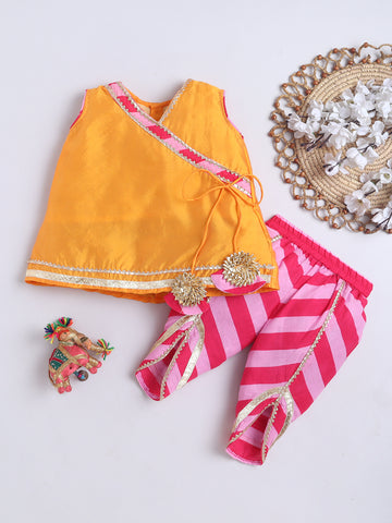 Kid One Angarakha Kurti With Leheriya Dhoti Set For Girls Yellow