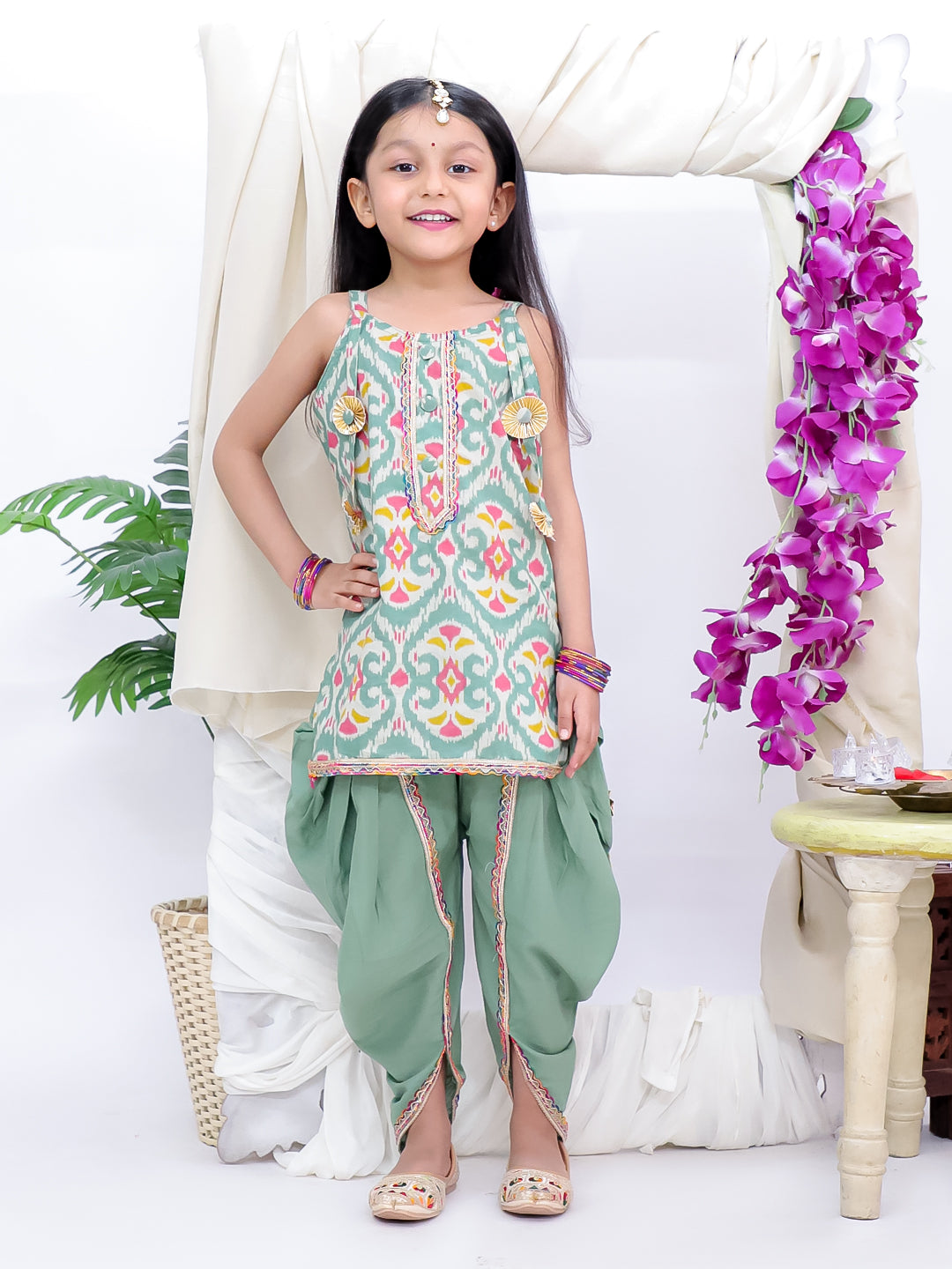 Kid One Cotton Kurti With Dhoti Set For Girls Green