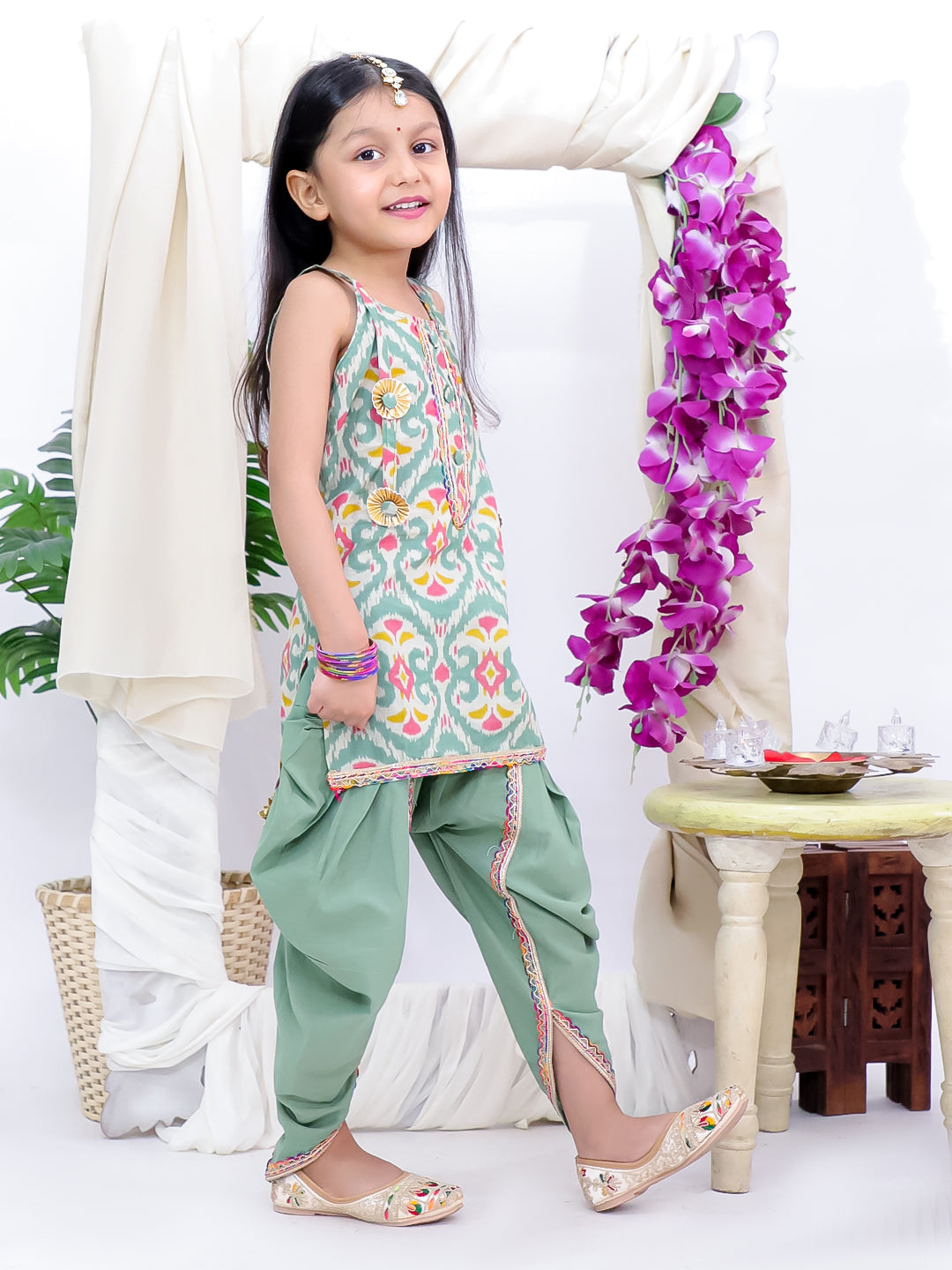 Kid One Cotton Kurti With Dhoti Set For Girls Green