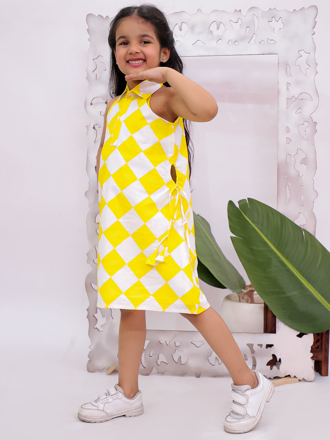 Diamond Check Premium Collared Cotton Dress Yellow