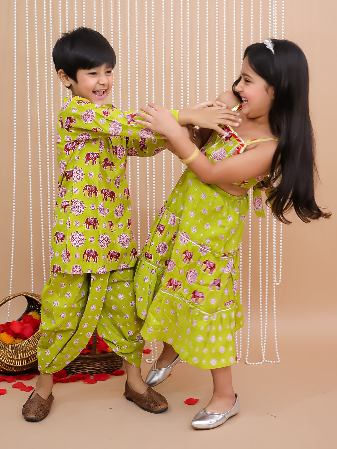 Kid One Pure Cotton Printed Long Dress For Girls With Pure Cotton Printed Kurta Dhoti Set For Boys - Green