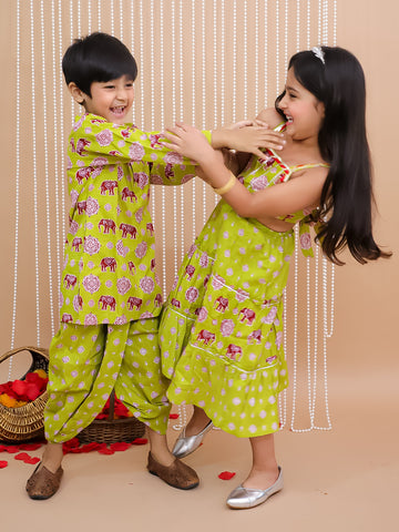 Kid One Pure Cotton Printed Long Dress For Girls With Pure Cotton Printed Kurta Dhoti Set For Boys - Green