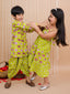 Kid One Pure Cotton Printed Long Dress For Girls With Pure Cotton Printed Kurta Dhoti Set For Boys - Green