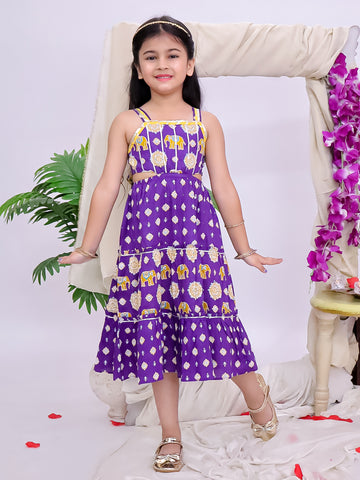 Kid One Pure Cotton Printed Long Dress For Girls Purple
