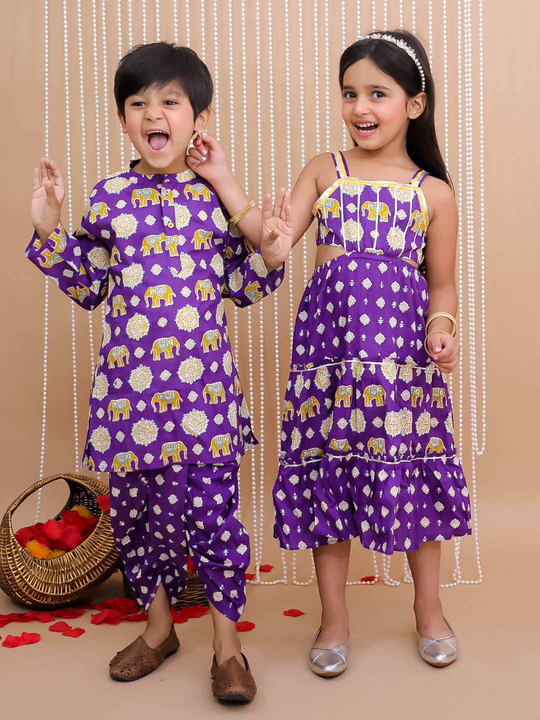Kid One Pure Cotton Printed Long Dress For Girls With Pure Cotton Printed Kurta Dhoti Set For Boys - Purple