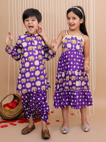 Kid One Pure Cotton Printed Long Dress For Girls With Pure Cotton Printed Kurta Dhoti Set For Boys - Purple
