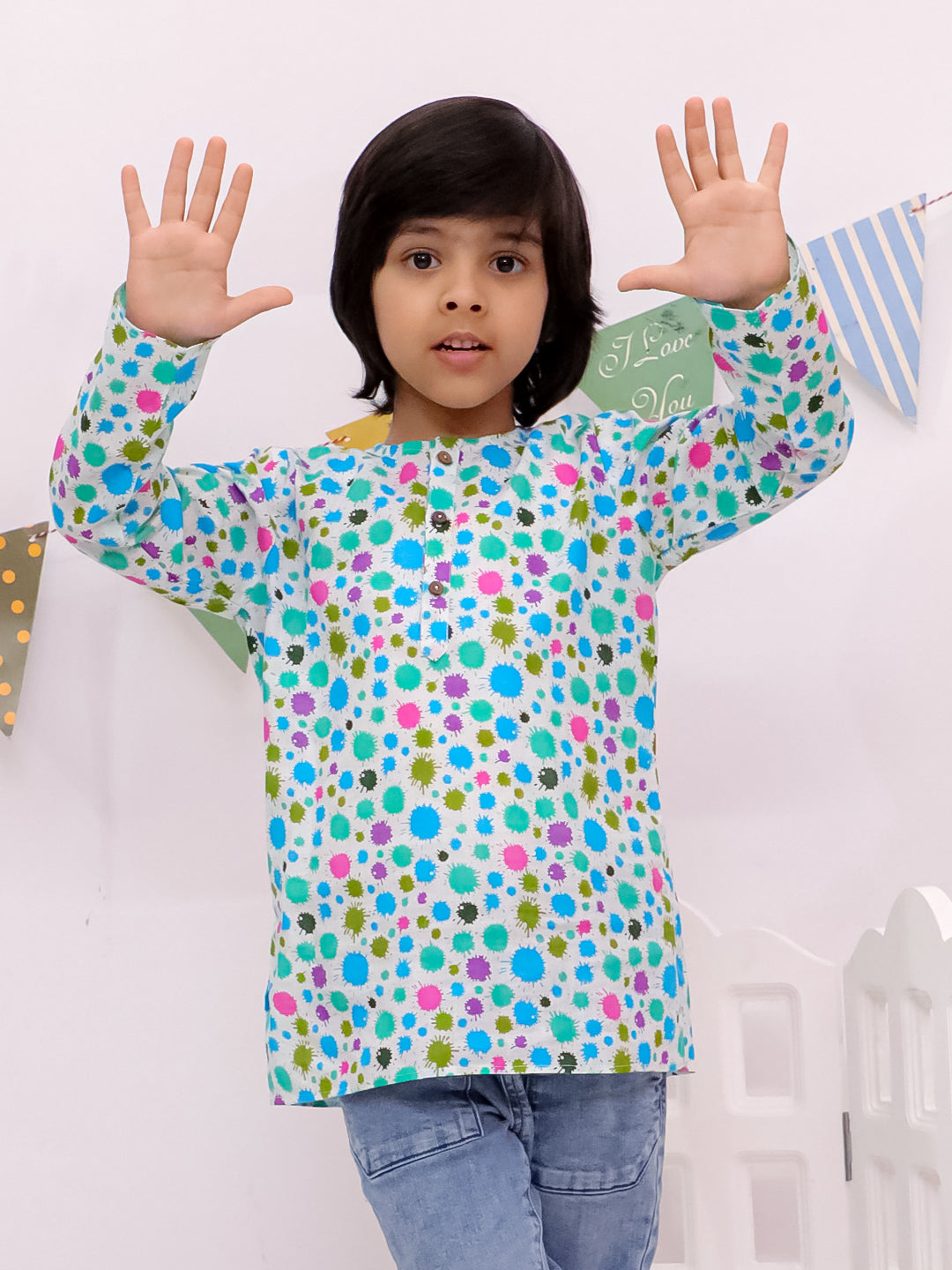 Cotton Polka Dot Printed Unisex Kurta - Blue