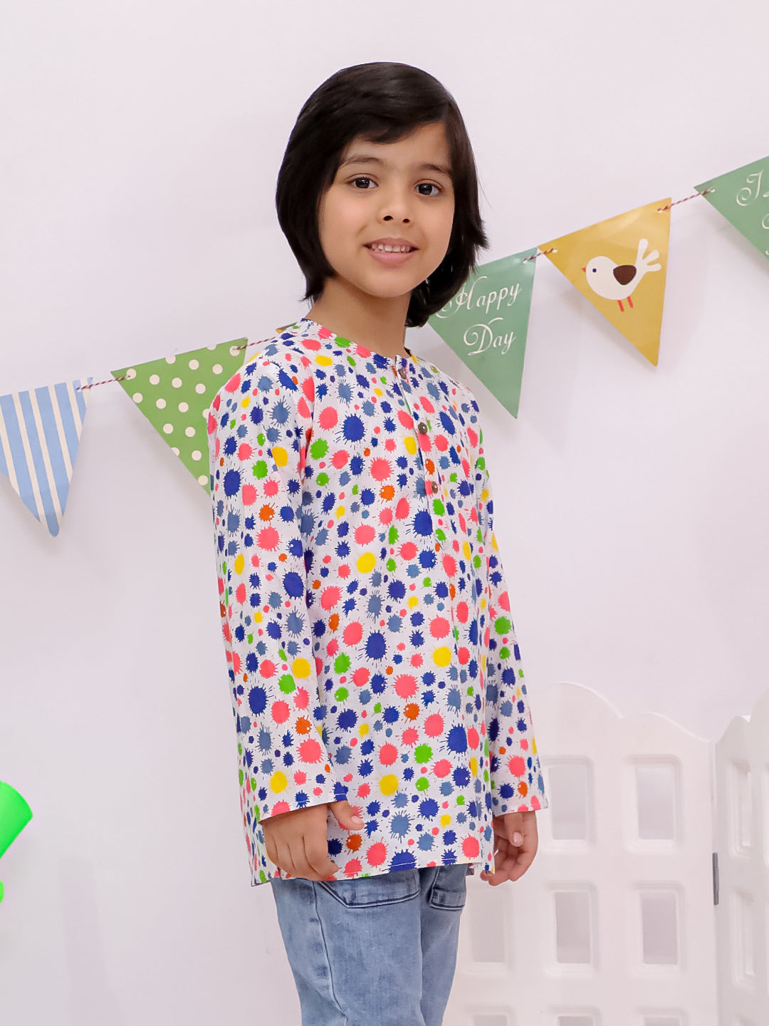 Playful Dot Print Cotton Kurta For Boys Orange