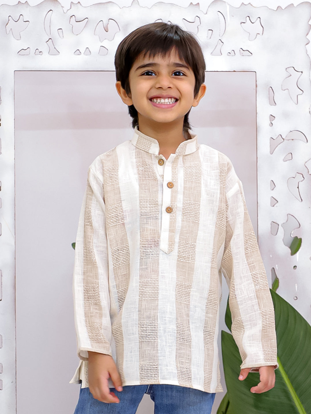 Kid One Full Hand Stripes Cotton Short Kurta For Boys Beige