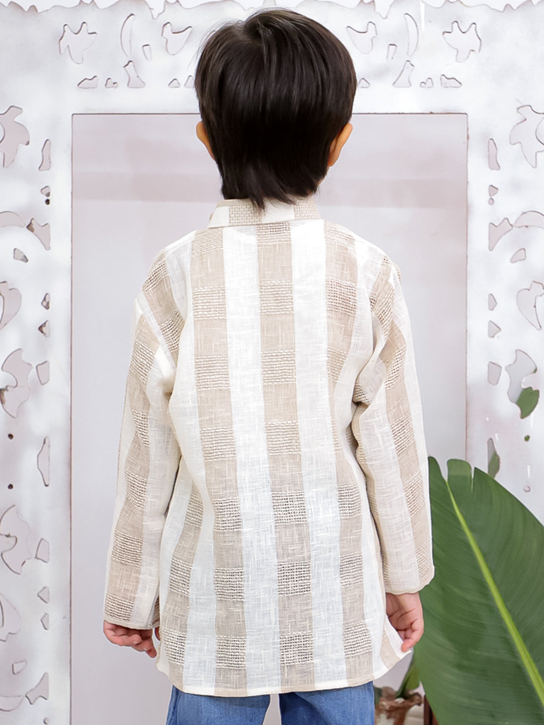 Kid One Full Hand Stripes Cotton Short Kurta For Boys Beige