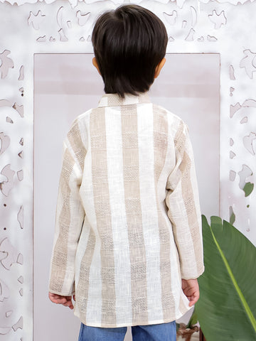 Kid One Full Hand Stripes Cotton Short Kurta For Boys Beige