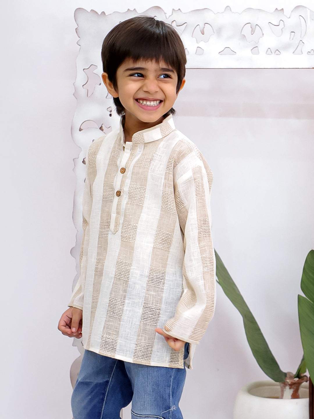 Kid One Full Hand Stripes Cotton Short Kurta For Boys Beige