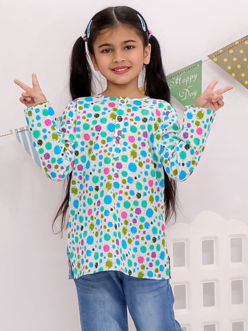 Playful Dot Print Cotton Kurta For Girls Blue